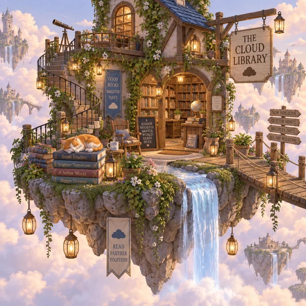 A cozy isometric illustration of a tiny floating island bookshop in the clouds, with a spiral staircase, glowing lanterns, a little waterfall pouring off the edge, a cat sleeping on a stack of books, and a wooden sign that clearly reads "THE CLOUD LIBRARY", soft pastel colors, highly detailed