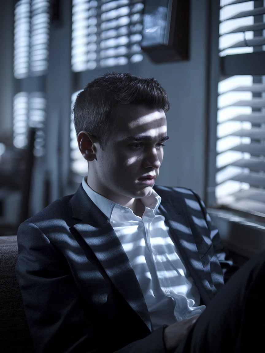 Young man sitting alone in a dimly lit room with window blinds casting shadows on his face, contemplative expression, detailed emotion, cinematic noir style