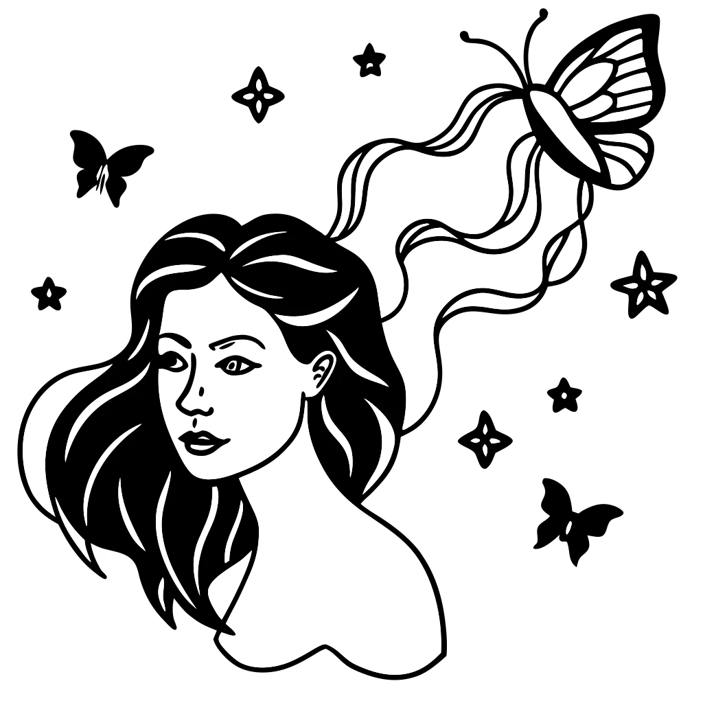 A woman with butterflies emerging from her hair, floating in a weightless dreamscape
