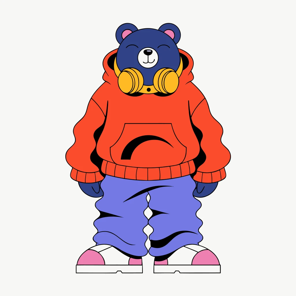 A cute character bear wearing a hoodie and headphones around its neck, 3d flat color, design, street fashion, standing pose
