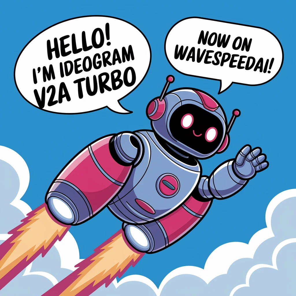 Vector art of a friendly robot, in a speech bubble it says "Hello! I'm Ideogram V2A turbo" in a friendly font, in a second speech bubble it says "Now on WaveSpeedAI!", the robot is flying through the sky with turbo boosters