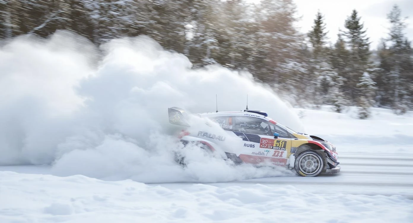 Photojournalism style, a rally car drifting at high speed on a snowy road in Finland, kicking up a huge plume of snow. Overcast day, dynamic panning motion blur on the background. Shot with a telephoto lens.