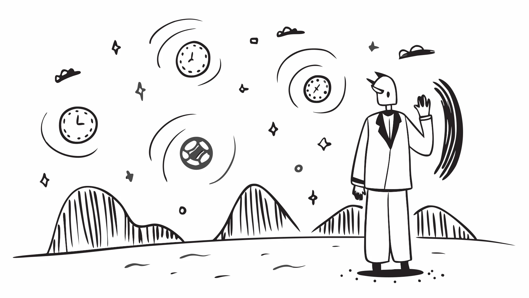 Man with a starry night sky in place of his face, wearing a suit, standing in a desert with melting clocks, inspired by Dali