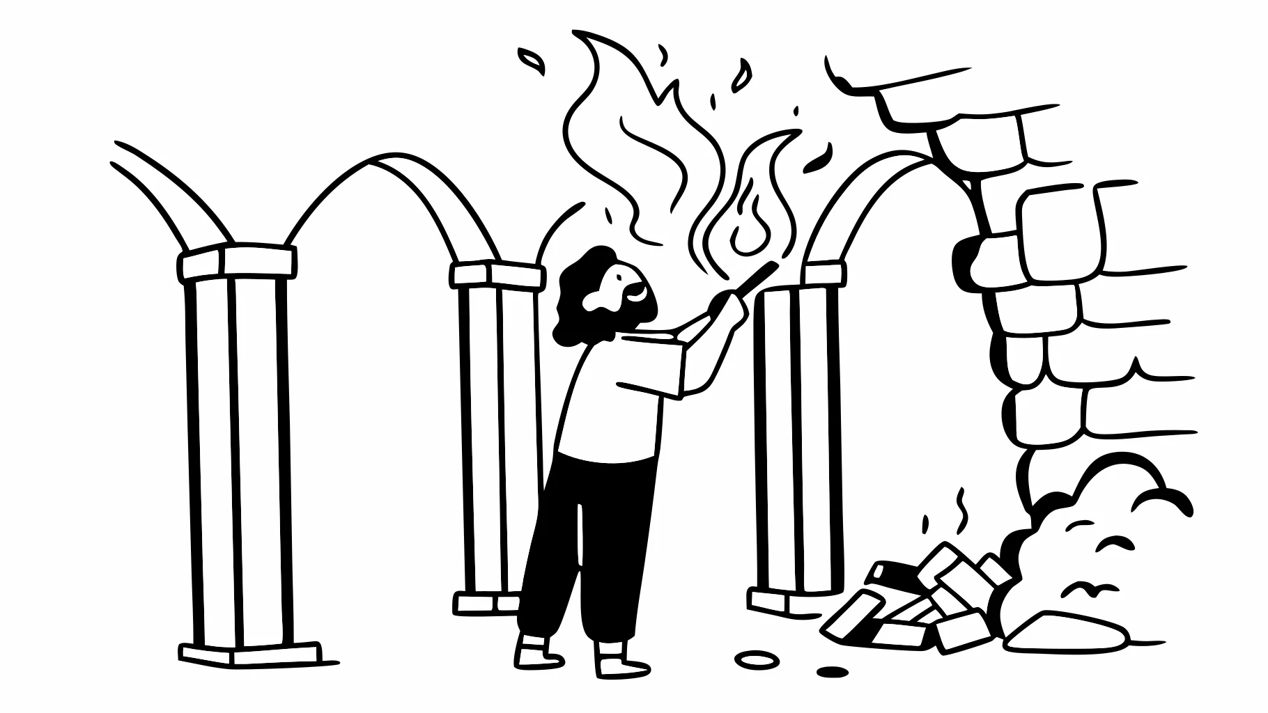 Sorcerer casting a fire spell in ancient ruins, fiery light illuminating face, swirling energy around hands