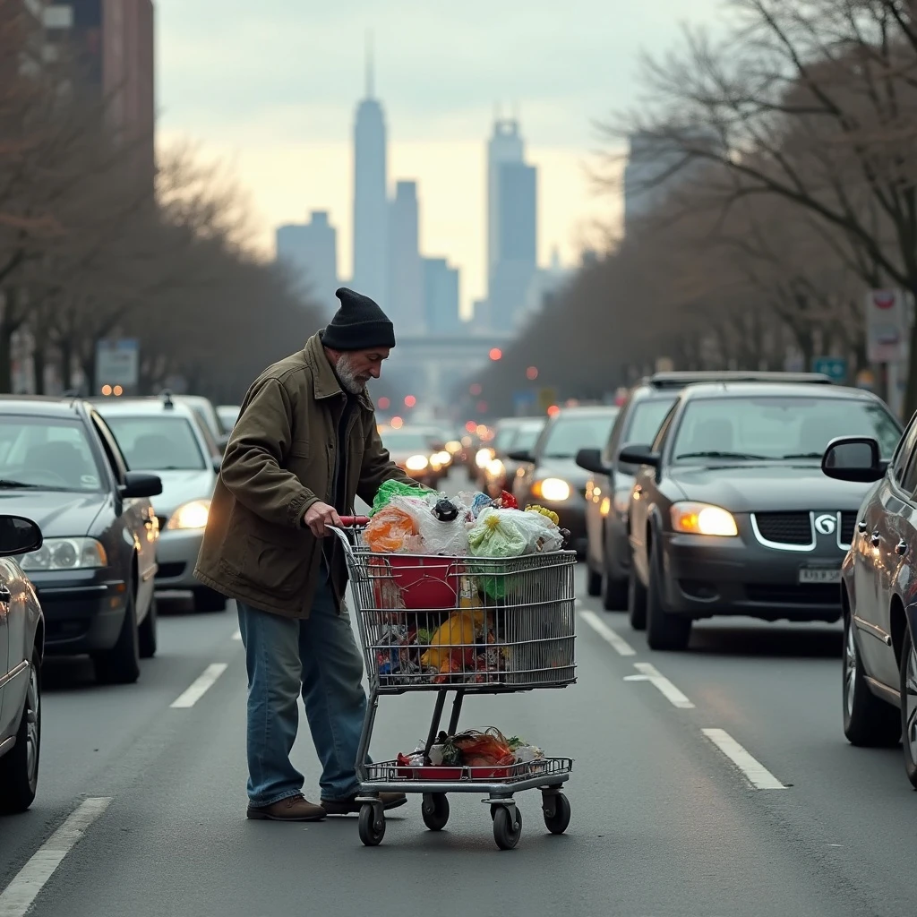 A homeless person wearing worn-out clothes and a beanie is pushing a shopping cart overflowing with groceries, plastic bags, and random belongings right in the center of a busy city road. The cart is blocking multiple lanes, causing a traffic jam. Frustrated drivers are honking, and cars are stuck in both directions. Some drivers are leaning out of their windows in confusion or anger. The city skyline is visible in the background, and it’s late afternoon with a cloudy sky.