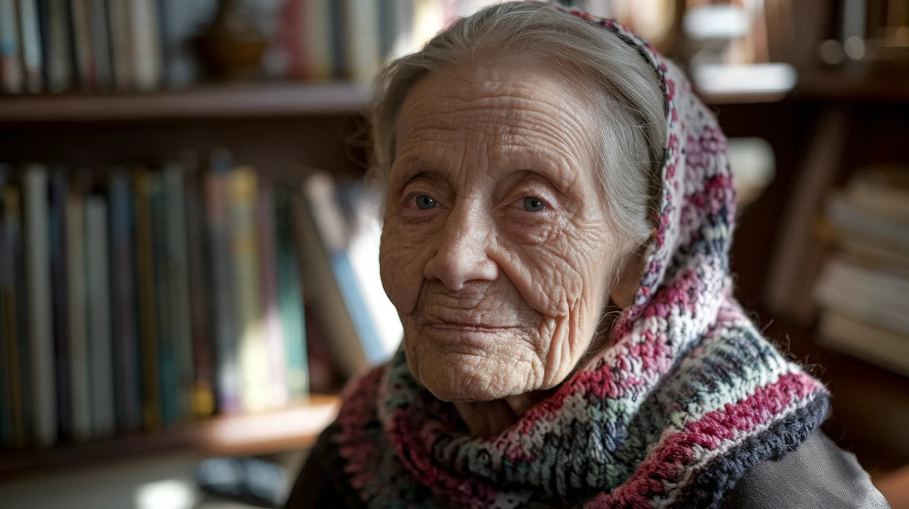 A stunning, realistic portrait of an elderly woman with deep, kind eyes and a gentle smile. She is wearing a hand-knitted, colorful scarf. The photo should be taken in a cozy, sunlit room filled with books. The lighting should be soft and natural, highlighting the texture of her skin and the details of the scarf. a photograph, cinematic, emotional.