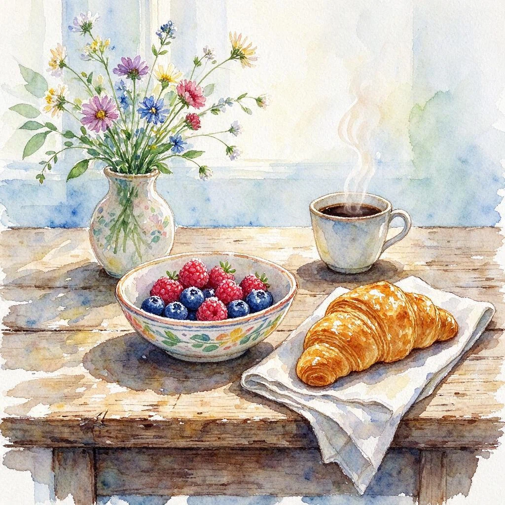 Loose watercolor painting of a rustic breakfast table: a bowl of berries, a croissant, … — Image generated by Seedream 5 Flash Text-To-Image API
