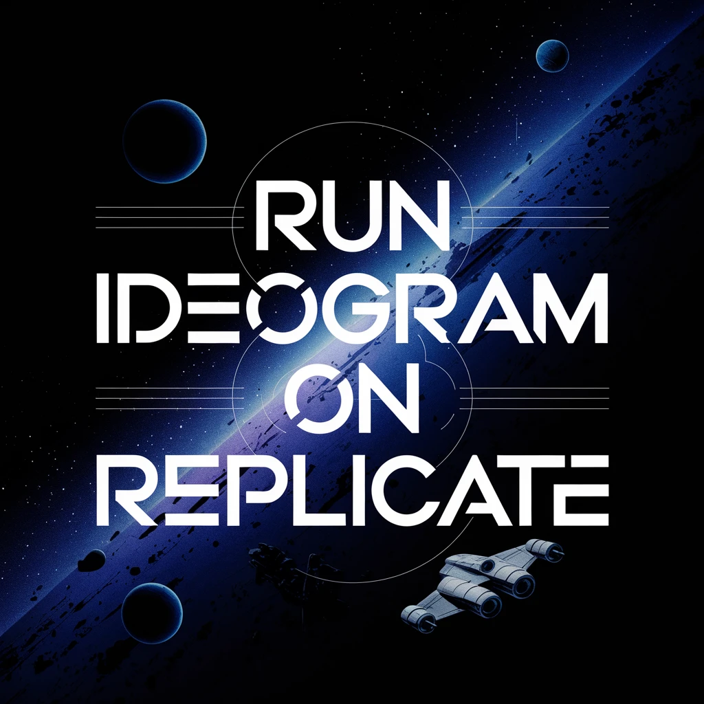 A beautiful typographic poster with the text "Run Ideogram on Replicate", against an epic space scene