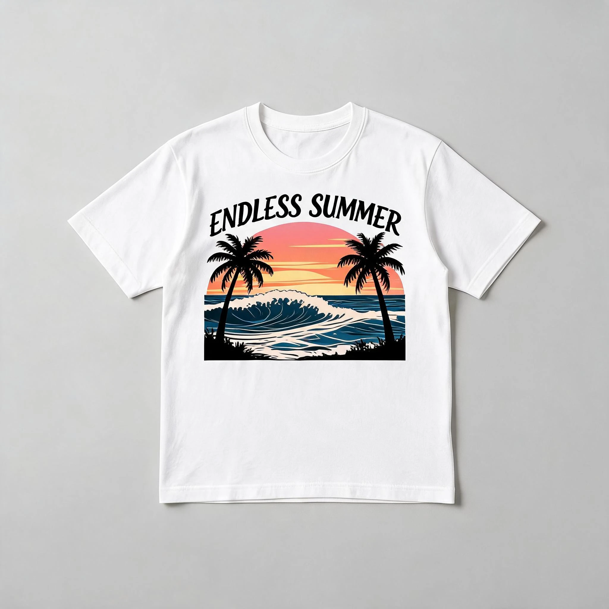 Print a bold vintage-style graphic on the front of this t-shirt: a sunset over ocean waves with palm silhouettes and the text "ENDLESS SUMMER" in retro script letters. Keep the shirt shape and the flat lay background.