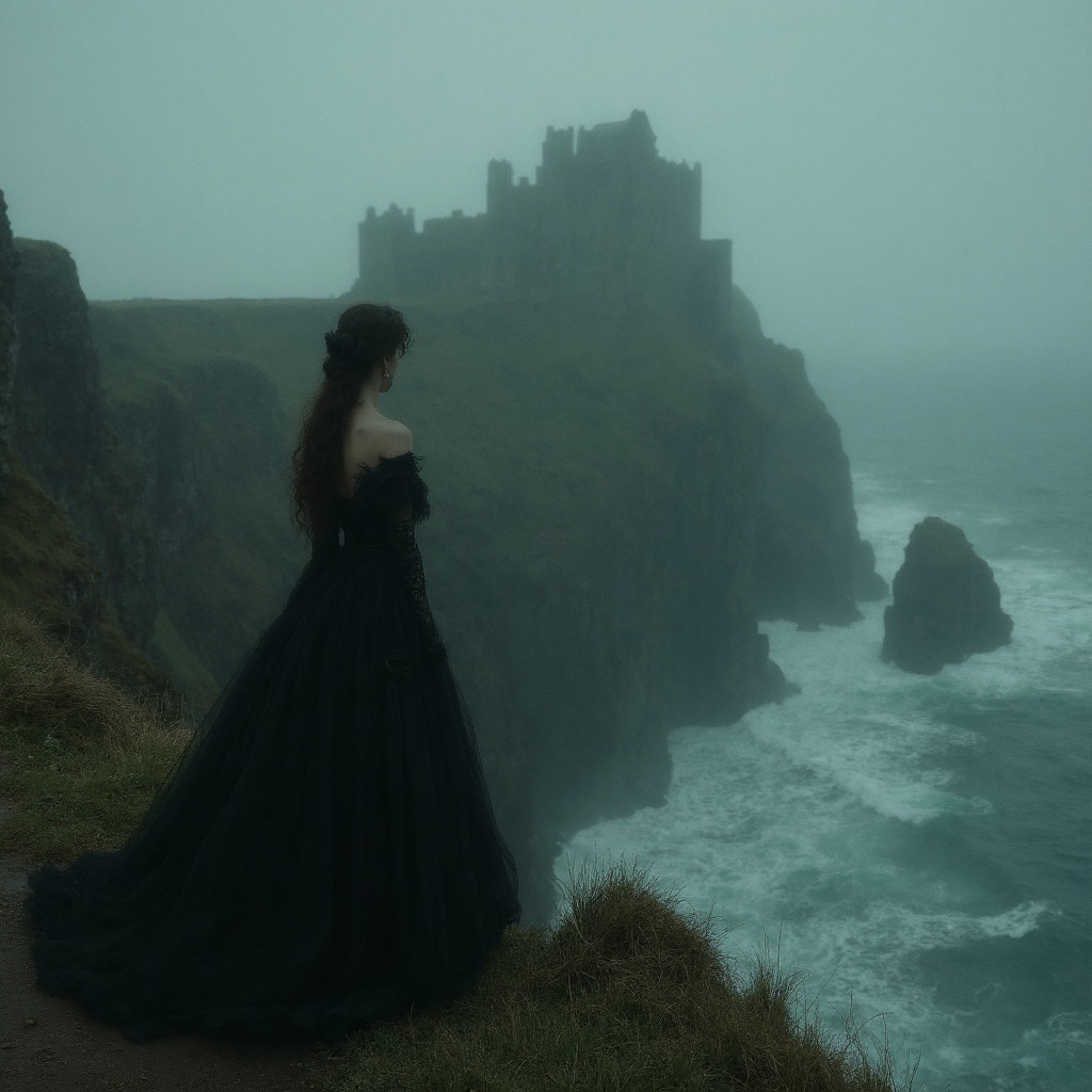 gothic romance, a beautiful melancholic woman in a black victorian mourning dress, standing on a windswept cliff before a ruined castle, stormy sea in the background, dramatic cinematic lighting, style of a pre-raphaelite painting.