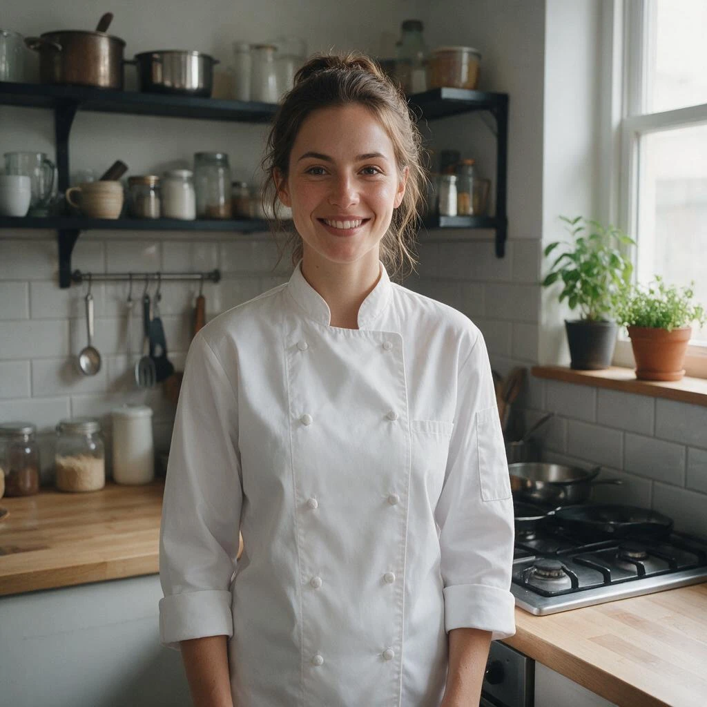 A young foreign female chef standing in a simple kitchen, wearing a clean white chef j