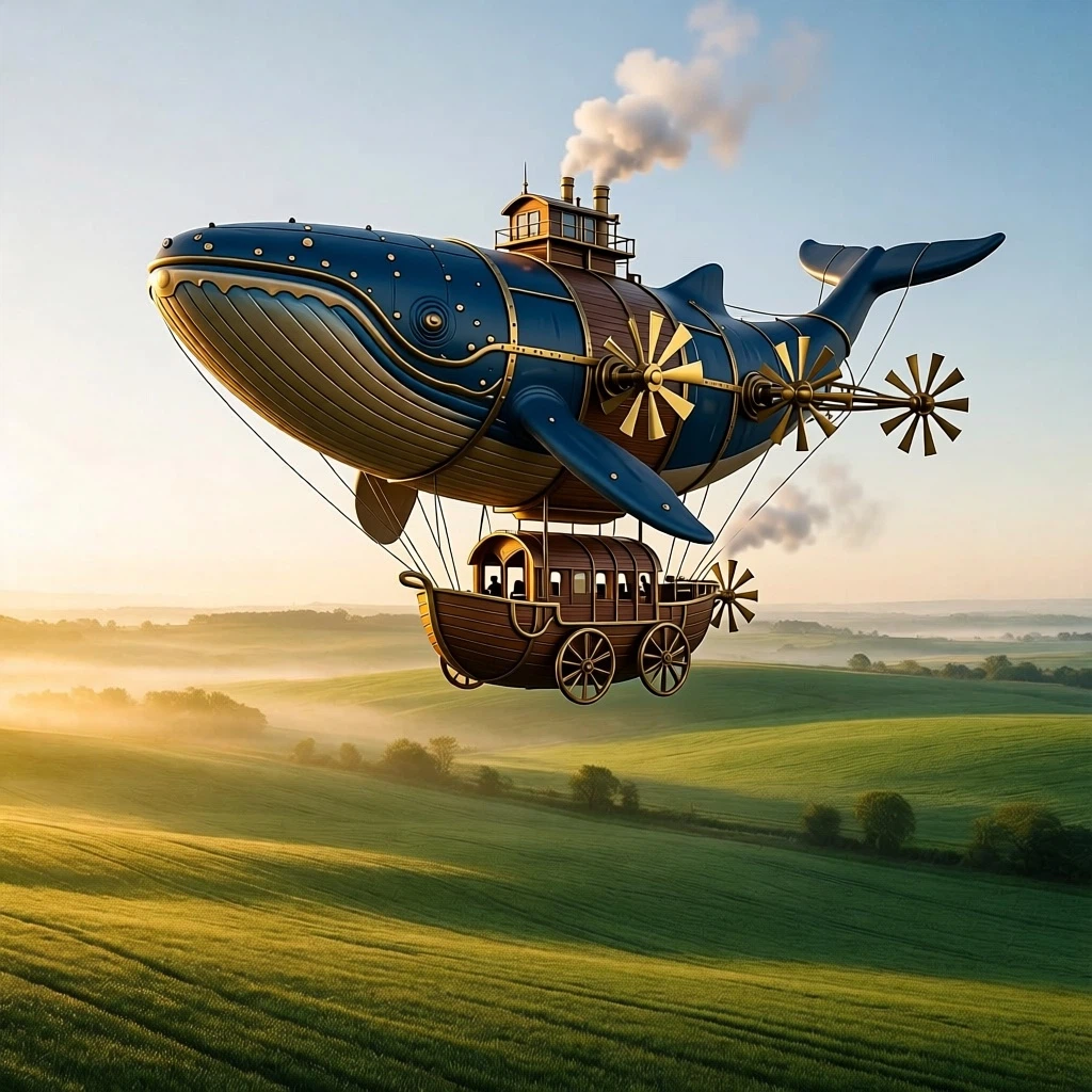 Replace the hot air balloon with a whimsical steampunk airship shaped like a whale, with brass propellers and a wooden gondola, floating over the same misty fields at sunrise.
