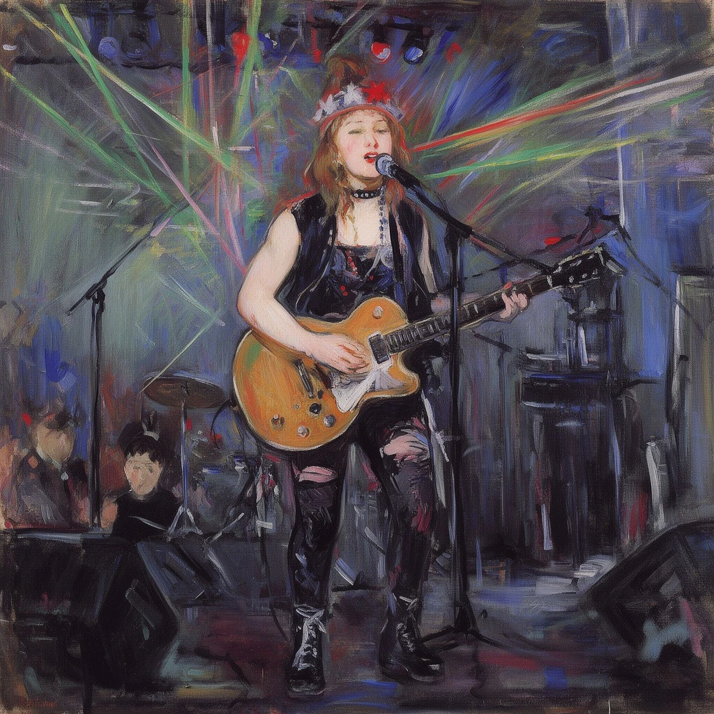 berthe_morisot style, woman playing the guitar, on stage, singing a song, laser lights, punk rocker