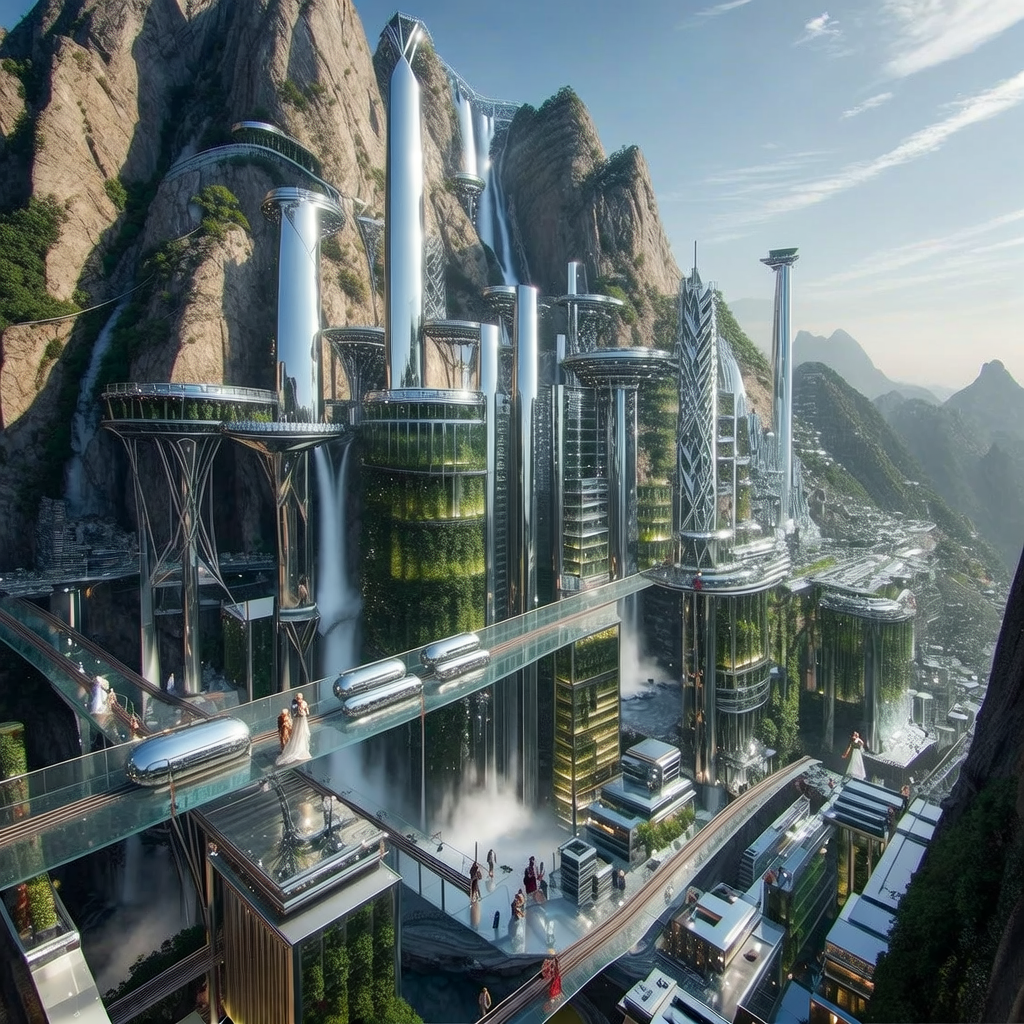 A bustling aerial view of a utopian city built into the side of a colossal mountain. Automated sky-trams glide silently between chrome towers. Vertical farms glow with soft light, and waterfalls are integrated into the architecture. People in elegant, flowing garments walk on transparent sky-bridges.
