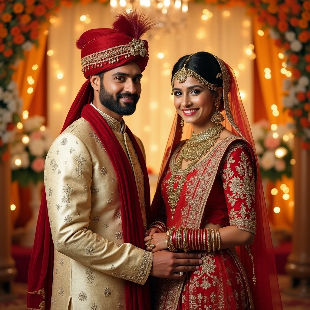 A young, attractive Indian couple standing side by side at their traditional wedding ceremony, both facing the camera with warm smiles. The bride wears a red and gold lehenga with intricate embroidery, heavy jewelry, and a maang tikka; the groom in an ivory sherwani with a red stole and turban. Background: lavish wedding decor with marigold flowers and fairy lights. Rich colors, sharp focus, photorealistic, cinematic lighting, full-body portrait, authentic Indian wedding atmosphere.
