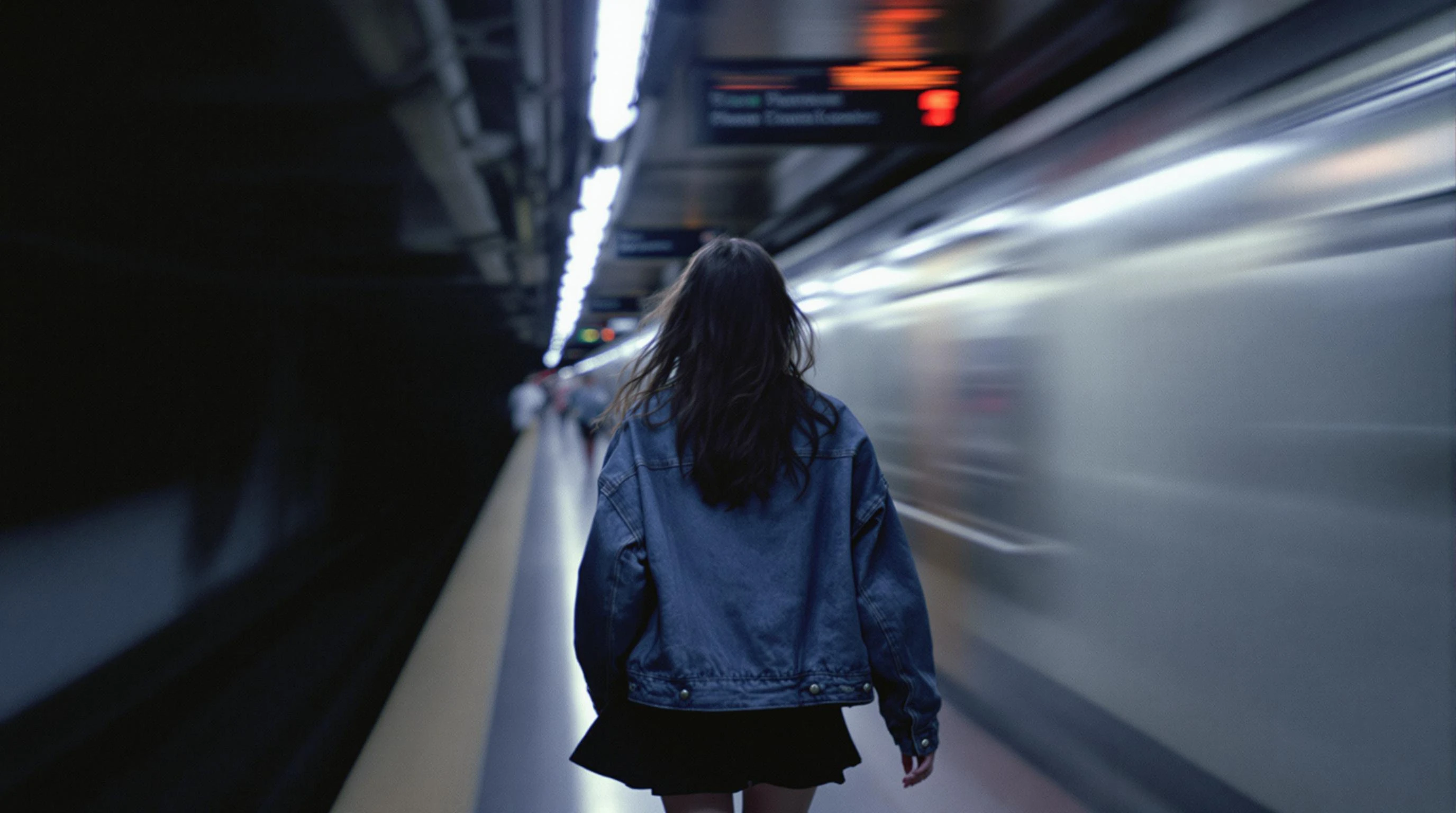 A grainy retro-inspired image of a young woman walking briskly along an underground subway platform, her denim jacket slightly oversized and skirt swaying with each step. Fluorescent lights flicker overhead, and the mood feels like a lost scene from a 90s urban diary.