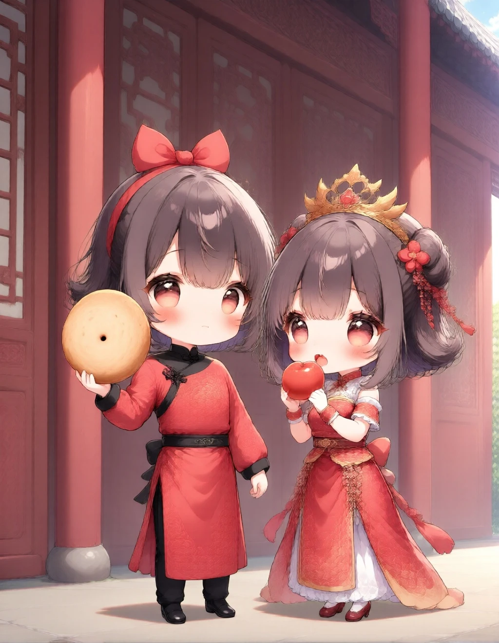 chibi,simple art,bold stroke, full body, Based on the woman in Figure 2 and the man in Figure 1, generate a wedding photo set, following these descriptions: The groom wears a red Chinese-style tunic, and the bride wears an exquisite Xiuhe dress, with a golden phoenix coronet on her head. They stand side by side in front of an ancient vermilion palace wall, with carved wooden windows in the background. The lighting is bright and soft, the composition is symmetrical, and the atmosphere is festive and solemn.
