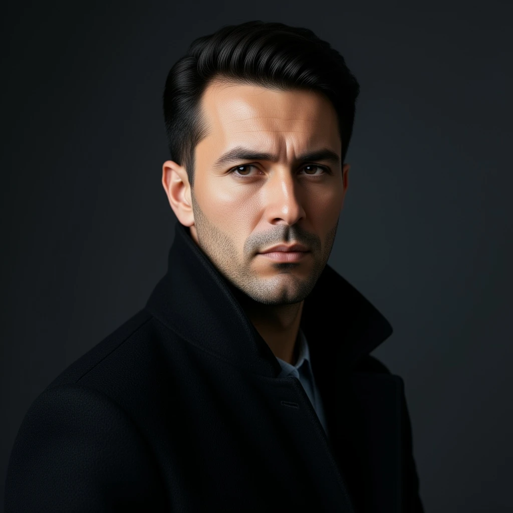 A realistic editorial portrait of an adult man wearing a black wool coat, standing against a dark neutral studio background, serious calm expression, soft side lighting, natural skin texture, cinematic contrast, luxury magazine portrait photography, photorealistic, ultra-detailed