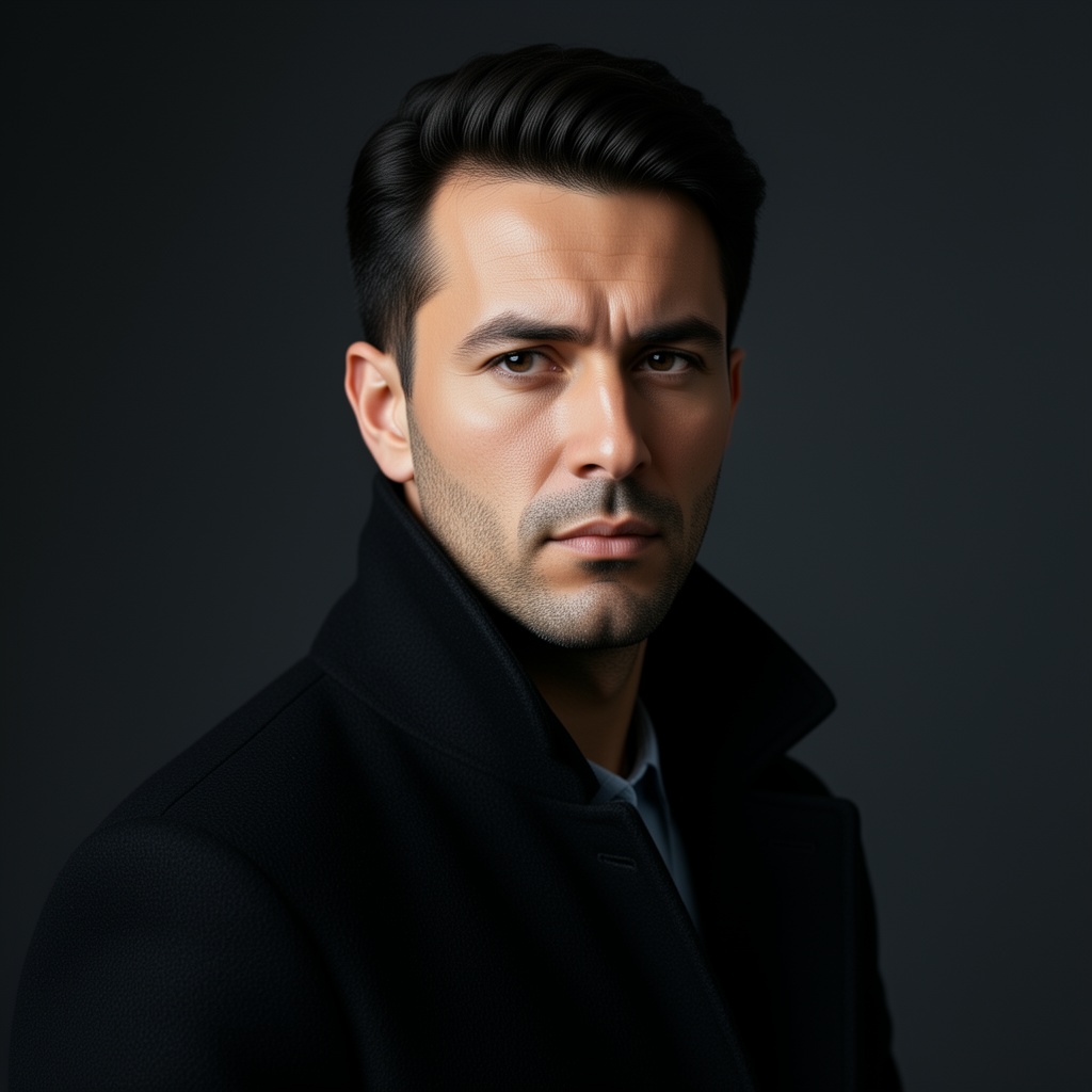 A realistic editorial portrait of an adult man wearing a black wool coat, standing against a dark neutral studio background, serious calm expression, soft side lighting, natural skin texture, cinematic contrast, luxury magazine portrait photography, photorealistic, ultra-detailed