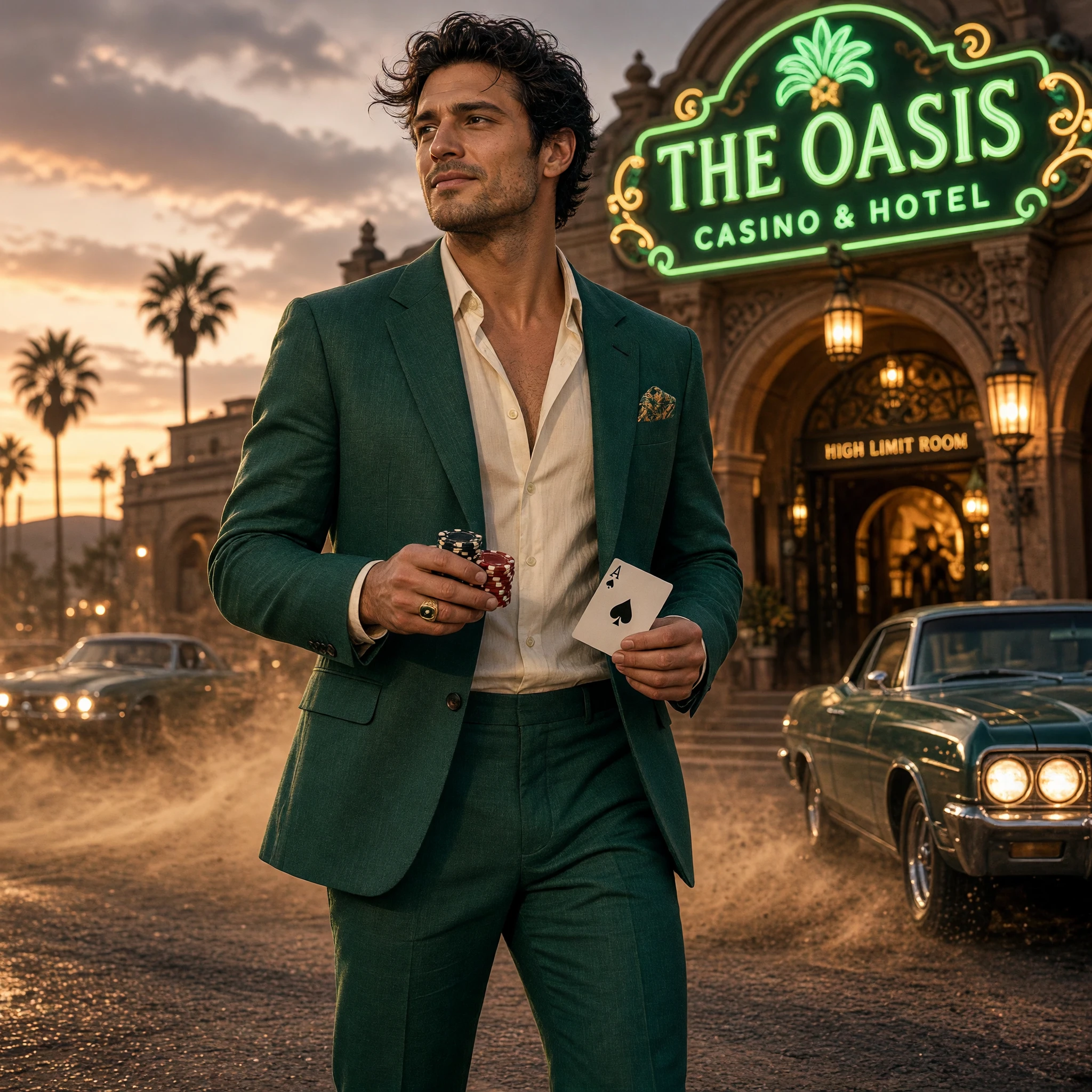 A charismatic foreign man in his early thirties standing outside a luxurious desert casino at dusk, wearing an emerald-green tailored suit, open-collar shirt, polished black shoes, and a gold signet ring, holding poker chips and a playing card, vintage cars and glowing signage behind him, desert wind lifting dust across the ground, stylish cinematic vibe, rich details, realistic editorial photography.
