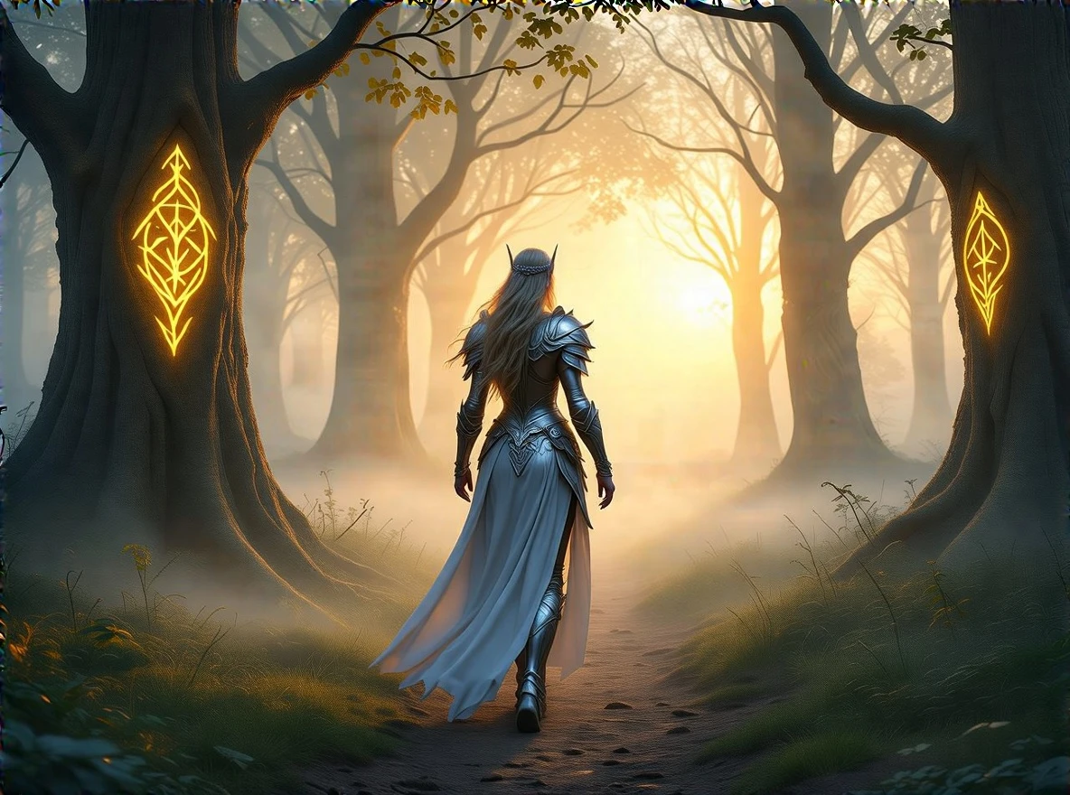 Elven warrior queen in silver armor walking through an enchanted forest, glowing runes on trees, mystical fog, golden hour lighting, high fantasy