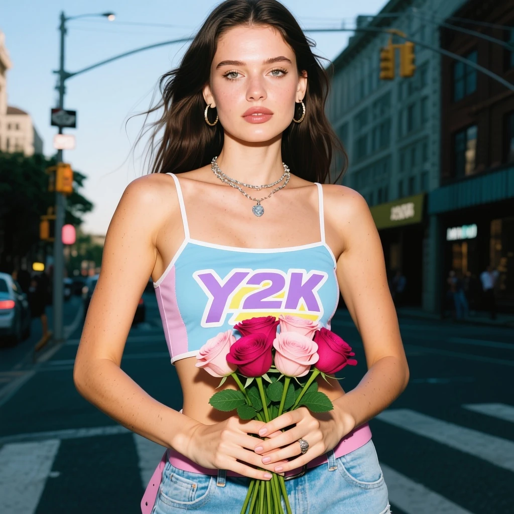 The girl holds a bouquet of roses.