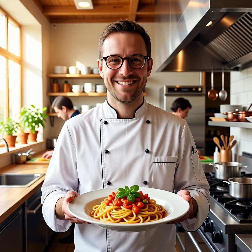 Keep his face, glasses and smile unchanged. Turn him into a chef wearing a white double-breasted chef jacket, proudly holding a plate of freshly made pasta in a bright modern restaurant kitchen, warm natural light. No text, no logos.