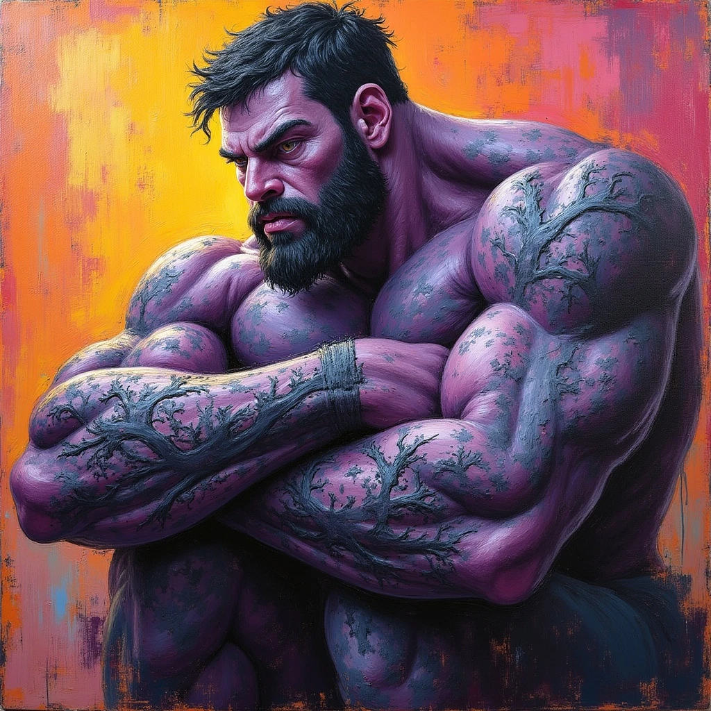 (acrylic painting:1.5), Acrylic painting on canvas, vibrant colors, textured brushstrokes, impasto technique, layered colors, dynamic composition, bold strokes, rich pigments, expressive brushwork, varied textures, modern art influences, high contrast,, Goliath with short hair, muted purple skin, Black Tree root tattoo wrapping around his arms and legs