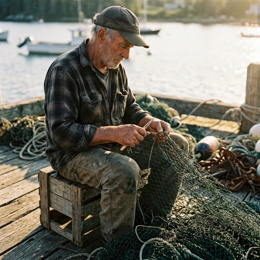 Candid portrait of an elderly fisherman mending a net on a wooden dock at golden hour, weathered hands and face, warm side light, shallow depth of field, 85mm photo, realistic skin texture