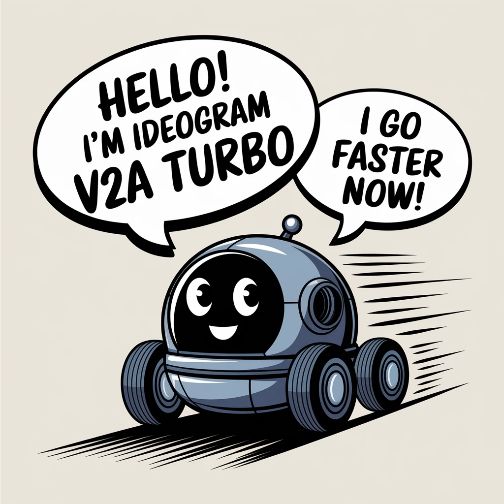 Vector art of a friendly speedy robot, in a speech bubble it says "Hello! I'm Ideogram V2A turbo" in a friendly font, in a second speech bubble it says "I go faster now!", the robot is travelling at speed, with motion lines