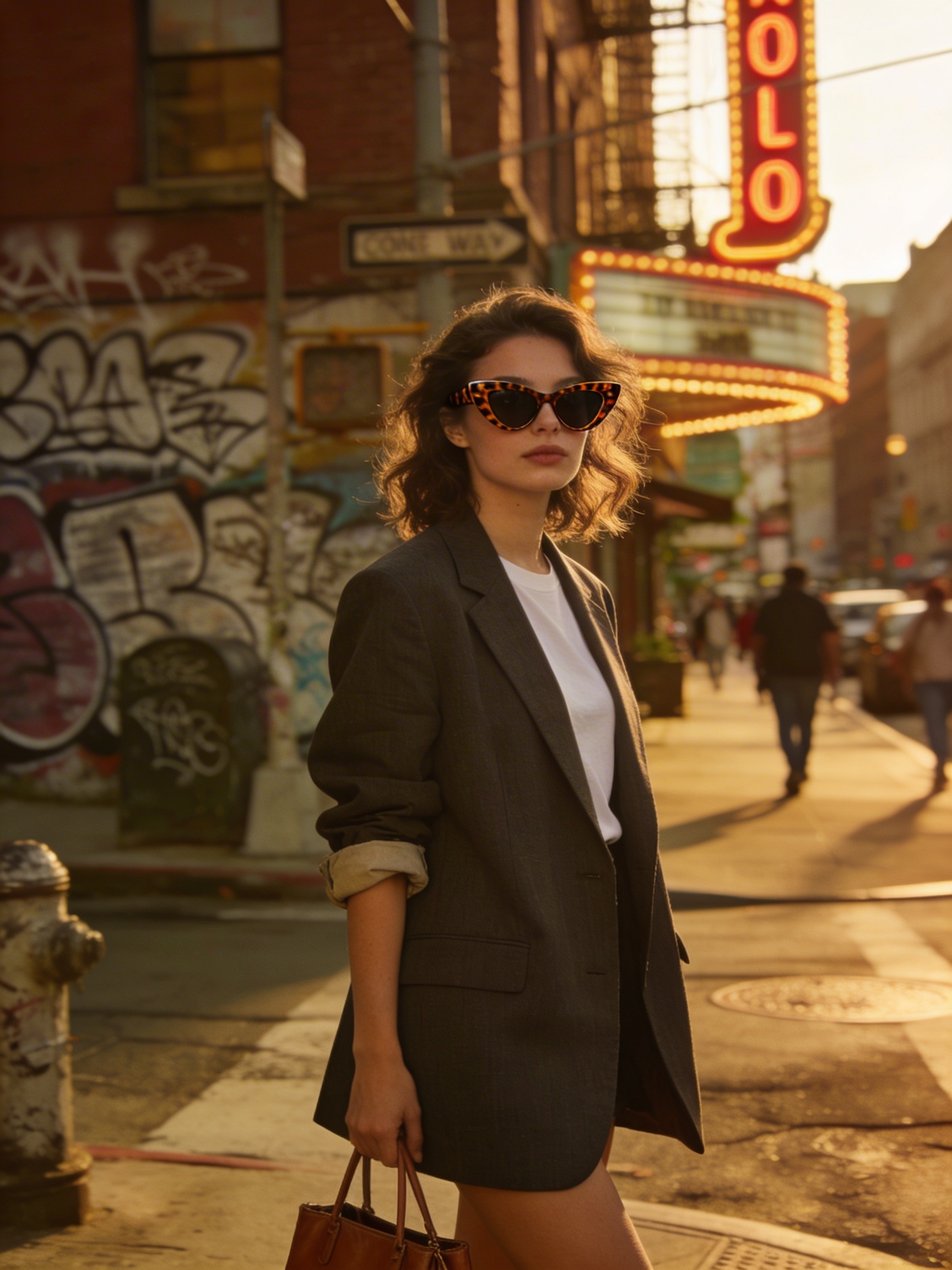 Street style photography, a stylish young woman in an oversized blazer and vintage sung… — Image generated by Seedream 5 Text-To-Image API