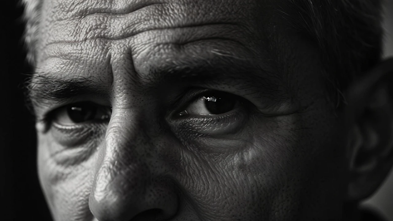 An intimate, high-contrast black and white close-up portrait of an elderly man with deep wrinkles. His eyes are filled with wisdom and melancholy. Dramatic side lighting (chiaroscuro), capturing the texture of his skin, style of street photography, grainy, powerful and emotional.