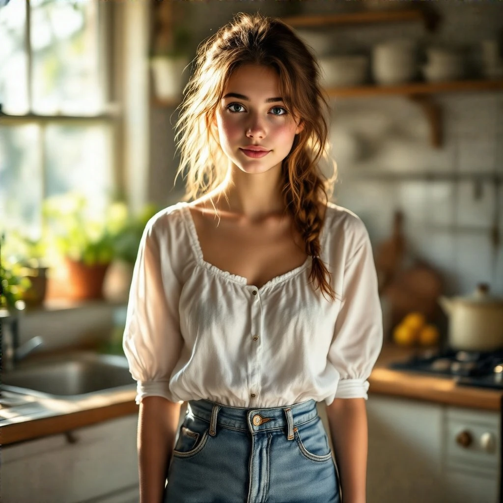 A young woman in a white blouse and denim skirt standing in a sunlit kitchen, soft morning light, photorealistic, Canon lens depth of field, warm tones