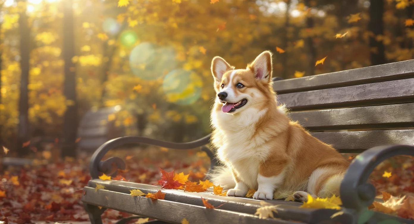 Professional DSLR photo of a cute corgi dog sitting on a park bench in autumn, with a few maple leaves scattered around. Sunlight comes from the side, creating a warm rim light. The background is a blurry forest with a shallow depth of field. photorealistic, 4k, sharp focus.