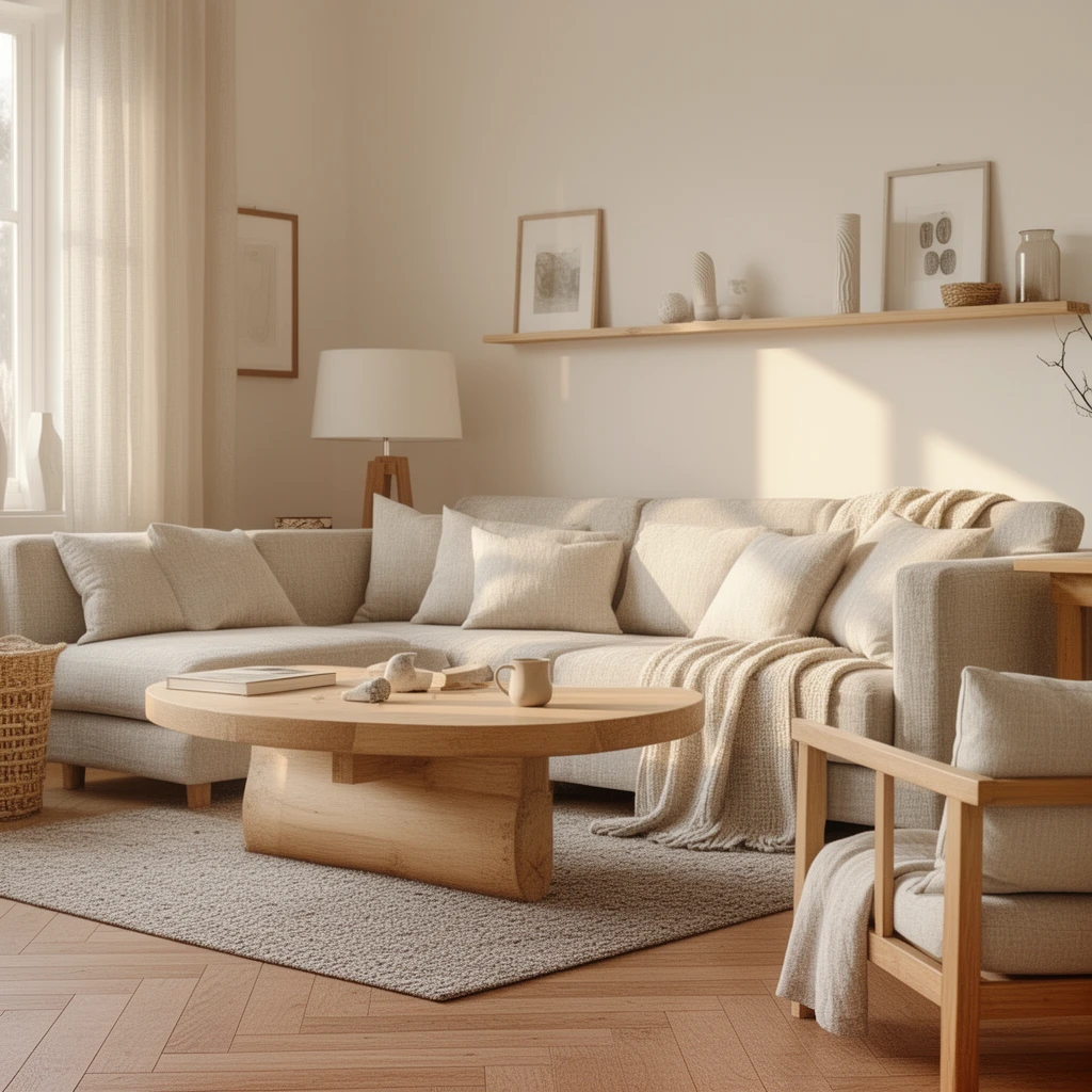 Transform this interior photo into a realistic MUJI-style natural minimalism while keeping the original layout and furniture.
Use real-photography lighting with soft natural daylight, avoiding cinematic or stylized filters.
Shift the color palette to low-saturation cream beige and warm natural wood tones, maintaining a clean and airy atmosphere.
Increase the sense of lightness and openness through balanced exposure, subtle highlights, and softened shadows.
Refine textures to look natural and tactile—cotton fabrics, raw wood, and simple ceramics—without exaggeration.
Overall style: MUJI real-life minimalism, calm neutral tones, uncluttered space, natural warmth and everyday authenticity.