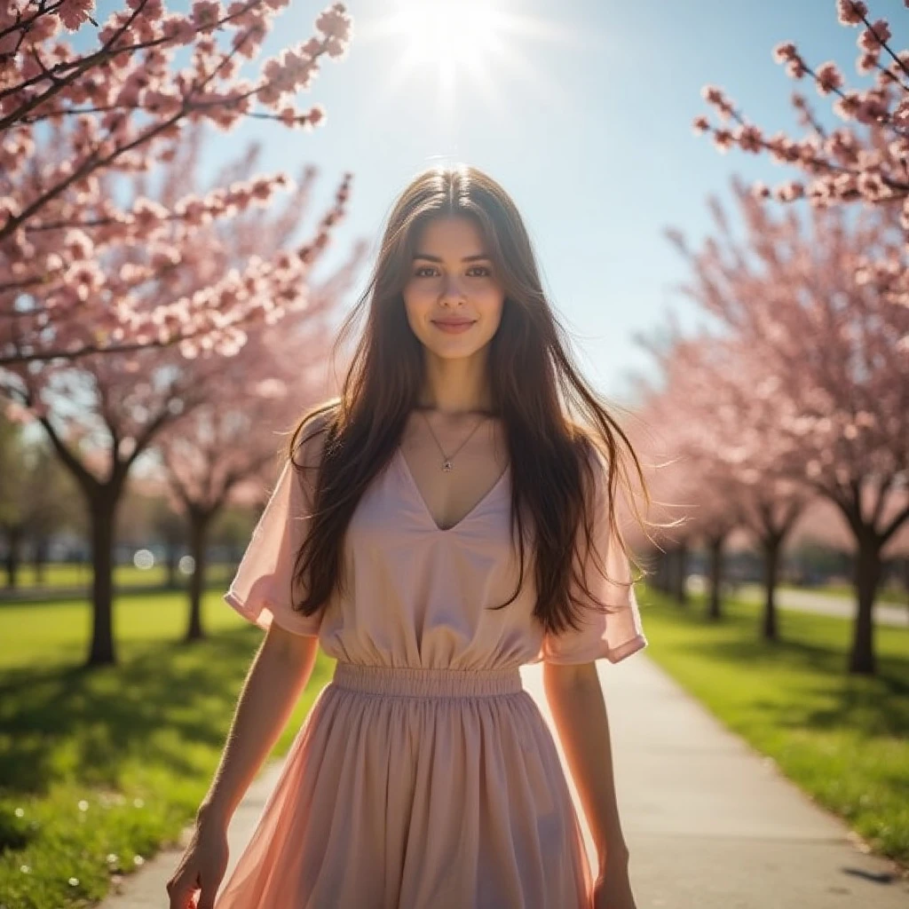 a young woman with long flowing hair walking through a sunlit park, cherry blossoms falling, ultra-realistic, soft sunlight, clear blue sky, radiant smile, cinematic lighting, glowing skin, dreamy atmosphere, vibrant colors, 85mm lens