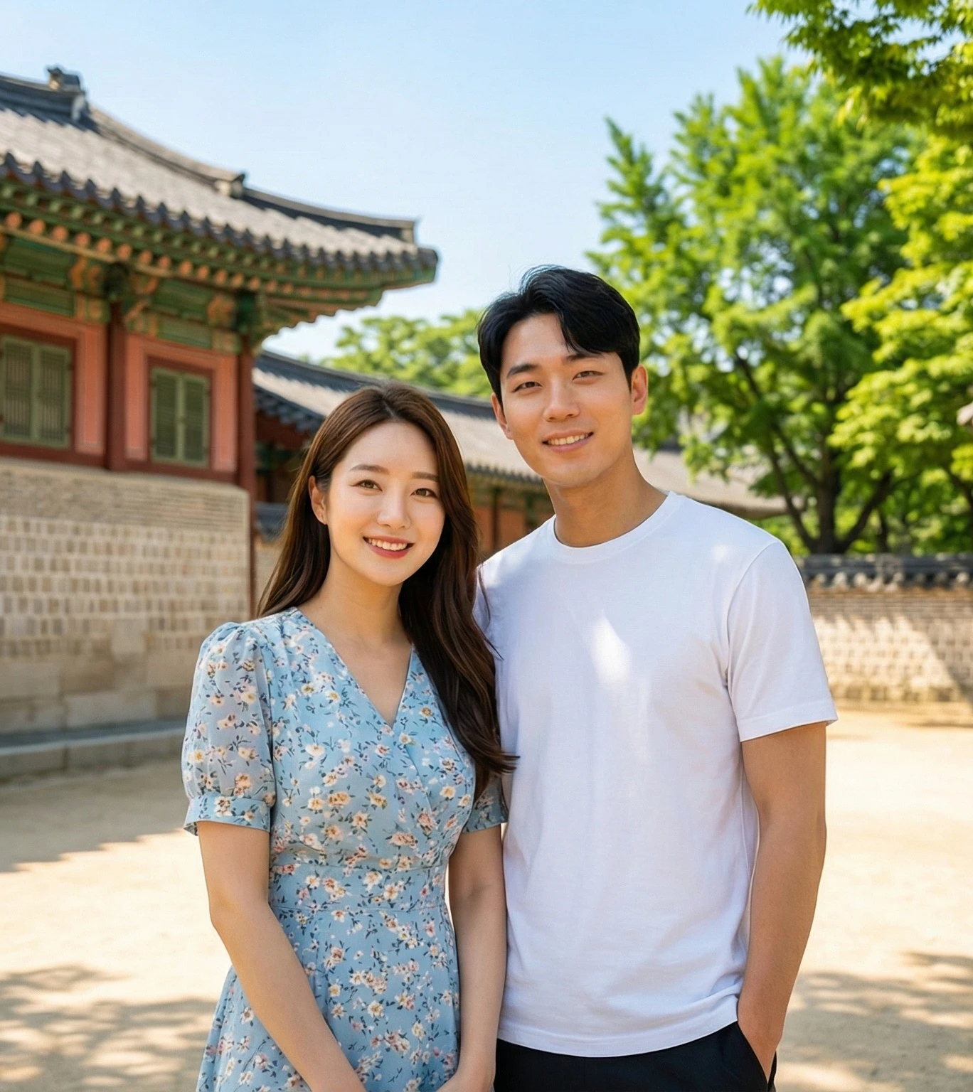Photo-realistic edits of the reference couple portrait. Keep the same man and woman, faces, expressions, pose, camera angle and framing. Generate TWO versions of the image:
Summer version: change the background to a bright summer scene with lush green trees and clear blue sky. No red autumn leaves. Dress the woman in a light summer outfit (short-sleeved blouse or thin dress) and the man in a T-shirt or light shirt without a jacket. Warm daylight, fresh colors, relaxed vacation atmosphere.
Winter version: change the background to a cold winter scene with bare trees, snow on the ground and rooftops, and a pale winter sky. Dress the woman in a thick wool coat, scarf and gloves, and the man in a padded winter jacket with visible layers. Cooler color temperature, soft winter daylight.
For both versions, keep the couple’s identity and pose consistent, and blend them naturally into the new background with realistic lighting and shadows.