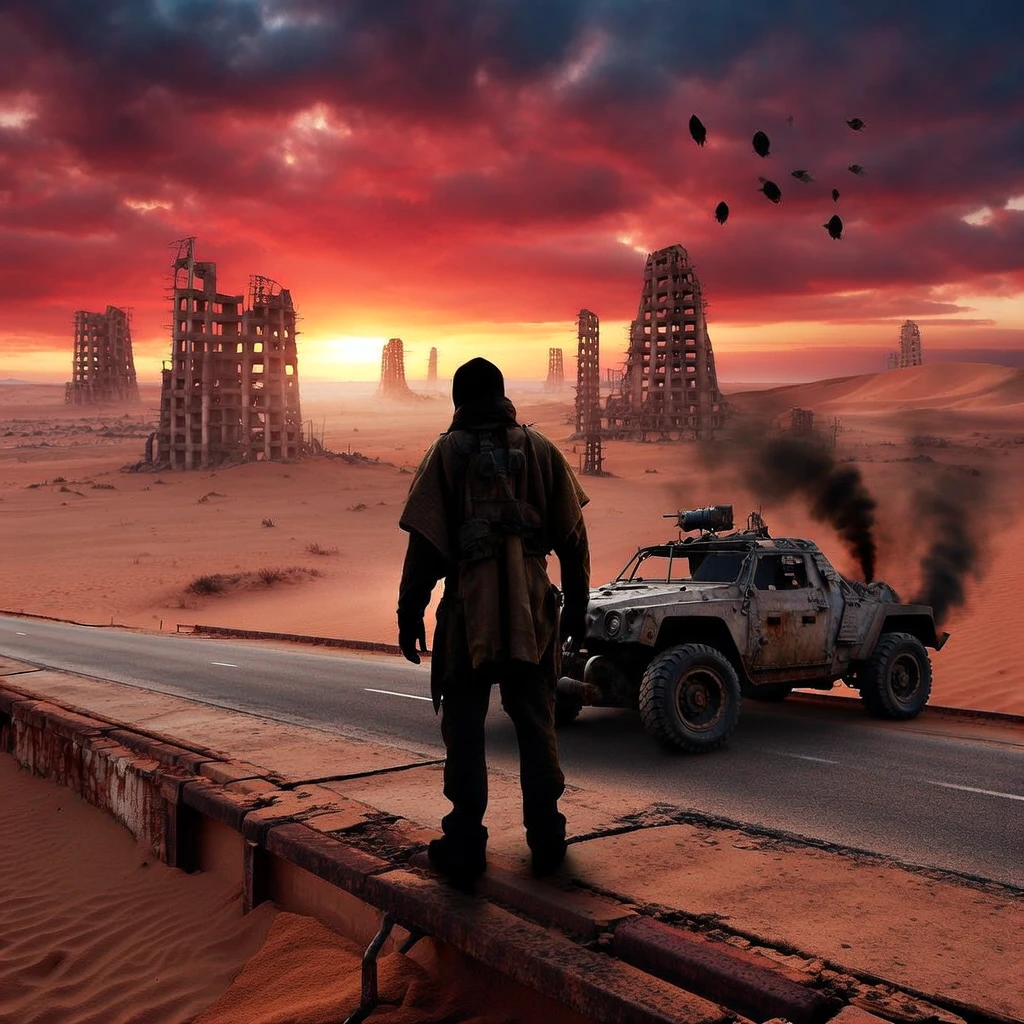 A lone wanderer, silhouette against a crimson sunset, stands on a rusted highway overlooking a vast, sand-swept desert filled with skeletal remains of skyscrapers. A modified, armored vehicle, spewing black smoke, is parked behind them. Vultures circle ominously in the distance.