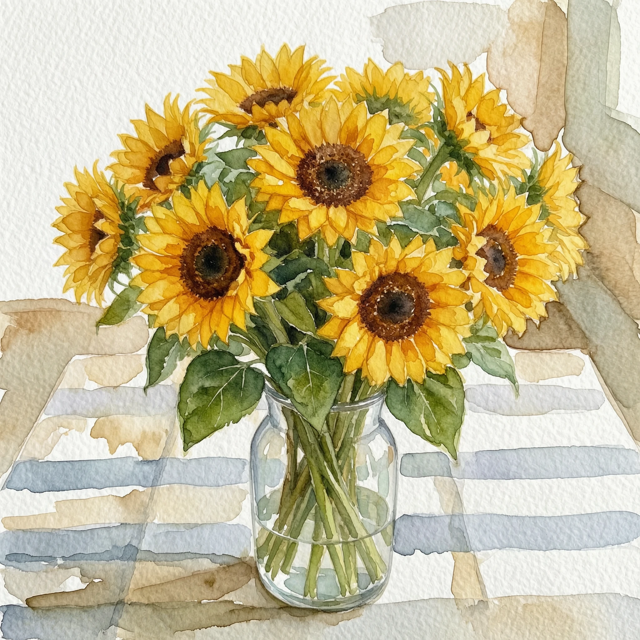 Transform this photo into a loose, vibrant watercolor painting on textured paper, with soft color bleeds, visible pigment granulation and white paper highlights, keeping the sunflowers, vase and table composition.