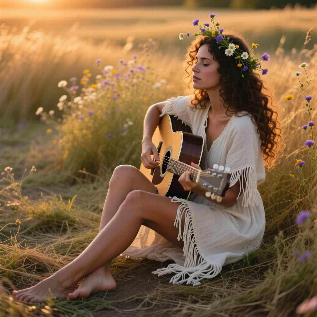 realism, a woman with healthy tanned skin and natural long curly hair, with a few wildflowers woven into it. She wears a fringed, off-white linen dress and sits barefoot in a golden field at sunset, holding a guitar. The lighting is warm and soft, creating a free-spirited and romantic atmosphere, photorealistic, golden hour lighting.