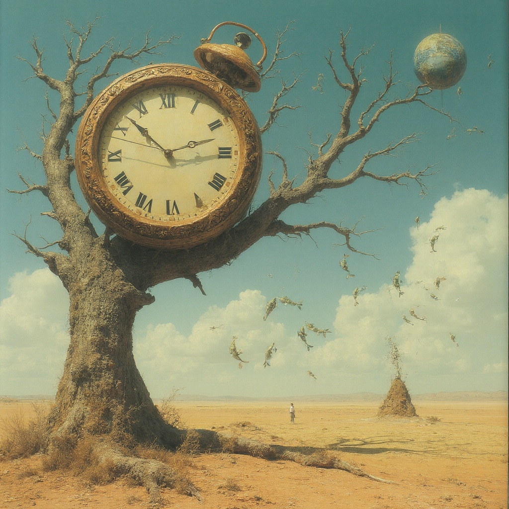surrealist art, a giant, ornate clock melting over the branch of a barren tree in a vast desert, a school of fish swimming through the sky, strange and dreamlike atmosphere, hyper-realistic detail, style of Salvador Dalí and René Magritte.