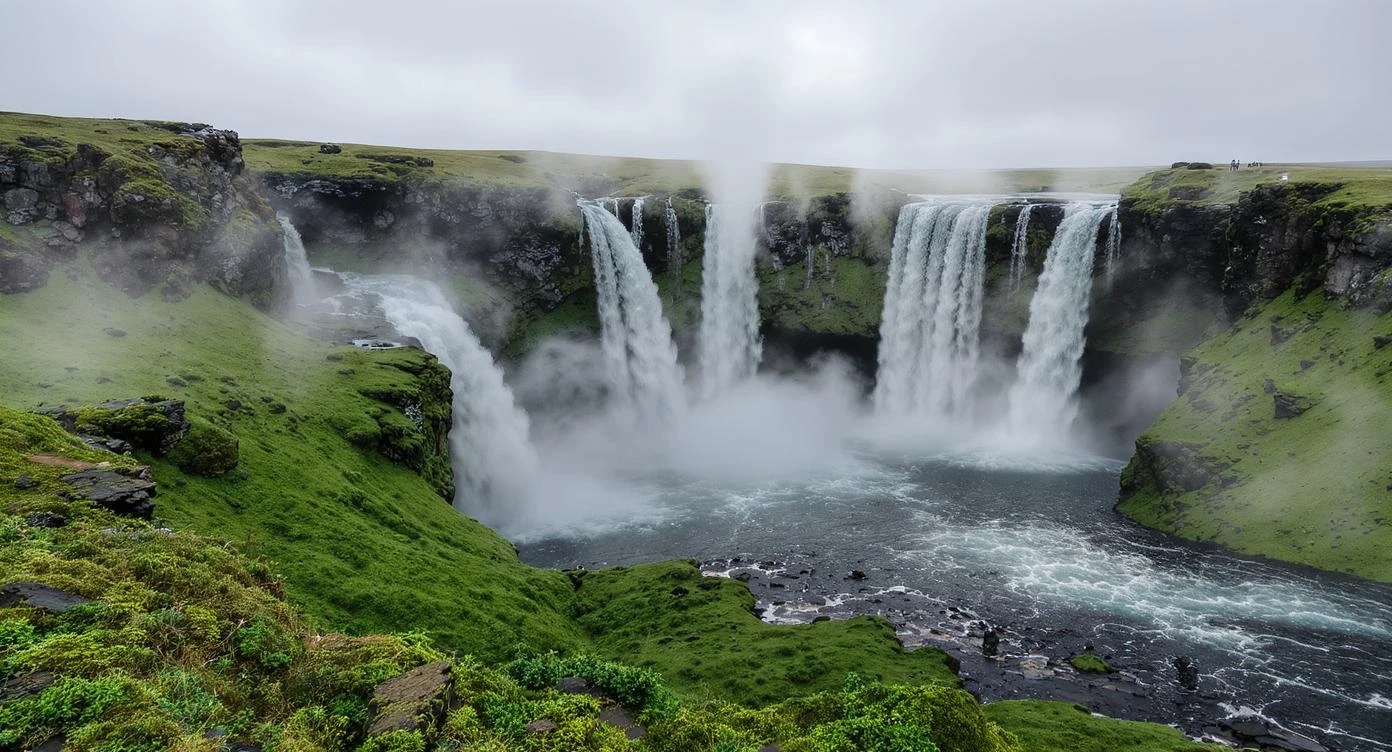 National Geographic style photography, majestic wide shot of Seljalandsfoss waterfall in Iceland during a misty morning. Soft, diffused light, lush green moss on the rocks, water spray in the air. Hyper-detailed, epic scale.