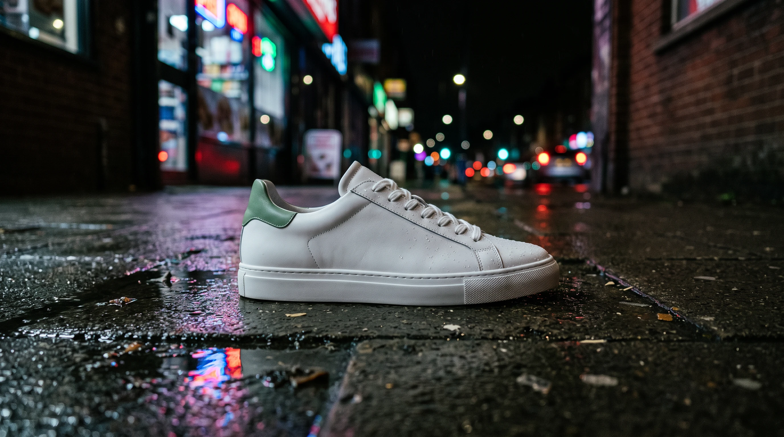 Place this exact sneaker on a wet city sidewalk at night, neon shop signs reflected in the puddles, shallow depth of field, cinematic product shot. Keep the shoe design, colors and proportions unchanged.