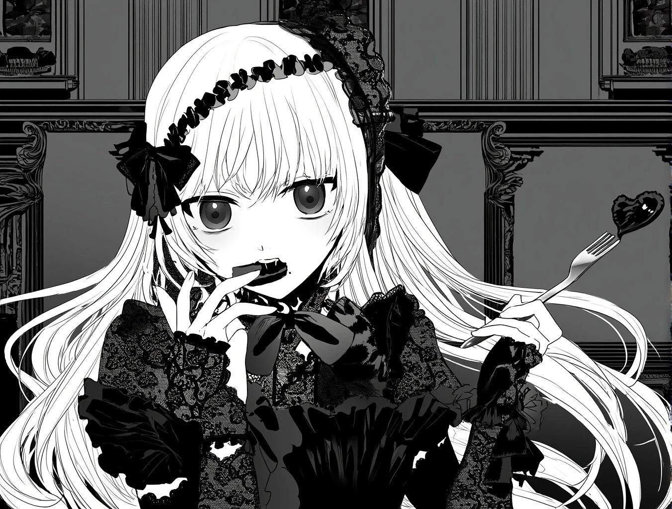 lineart, greyscale, ,1girl, blonde hair, long hair, gothic lolita, black lace, frills, ribbons, cake, eating, open mouth, elegant, teasing expression, silver fork, gloves, vintage interior, romantic lighting, dark aesthetic, detailed outfit, digital art