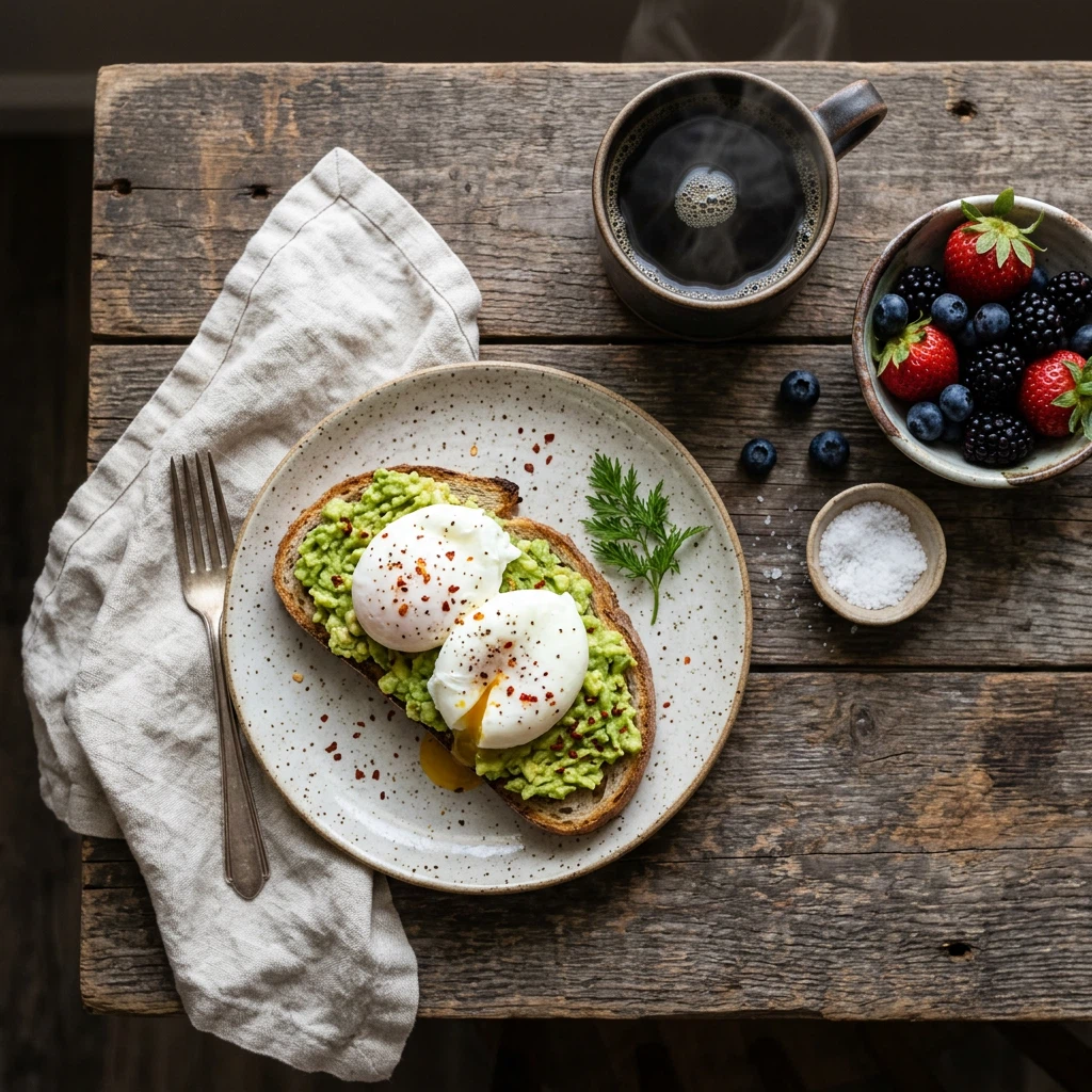 Overhead photo of a rustic breakfast table: sourdough toast with smashed avocado and poached eggs, a cup of black coffee, fresh berries, linen napkin, soft morning window light, food photography