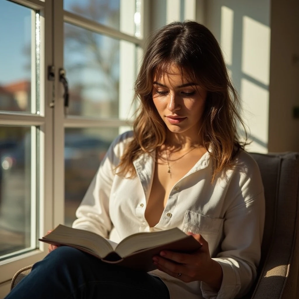 a stylish woman sitting by a window, reading a book, sunlight streaming in, ultra-realistic, bright soft lighting, cozy modern interior, subtle skin texture, natural smile, casual elegance, lifestyle photography, crisp details, 85mm lens