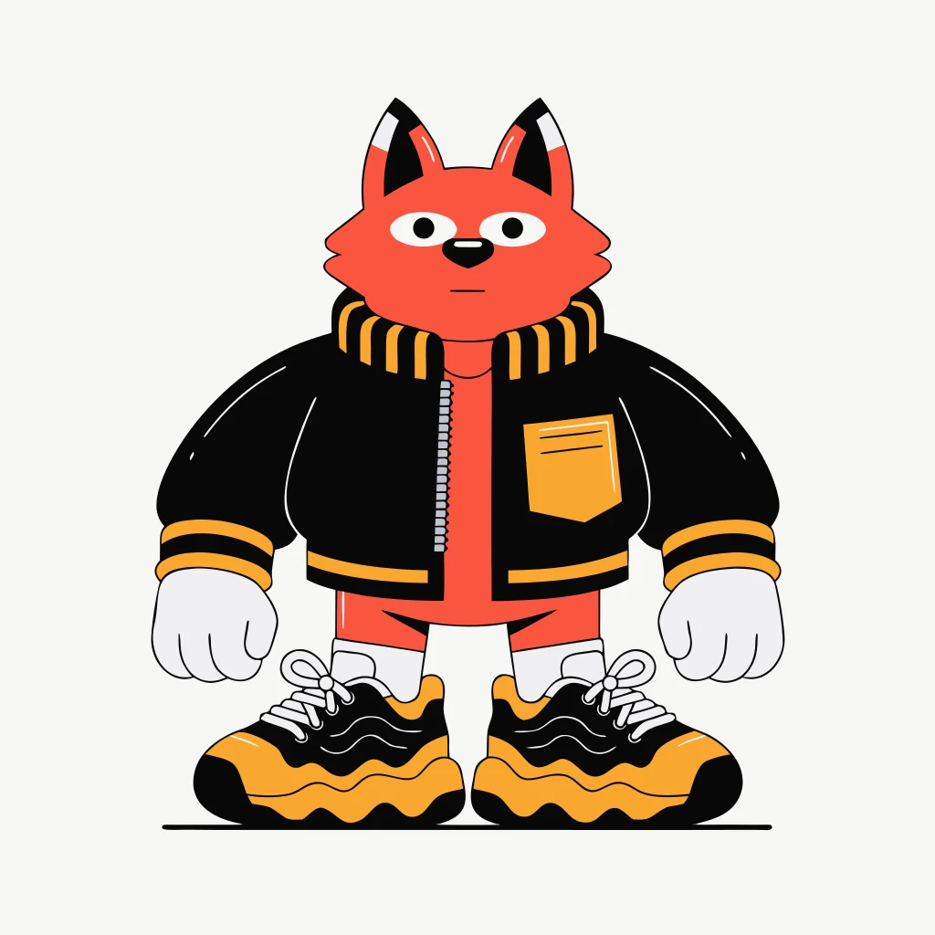 A cute character fox wearing a bomber jacket and sneakers, 3d flat color, design, minimal background, front view
