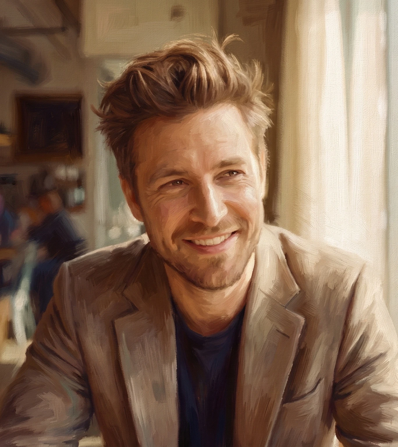 Stylized edits of the reference portrait photo. Keep the same man, face, expression, hairstyle, pose, camera angle and café background. Generate TWO versions in different art styles:
A soft painterly oil-portrait style with a warm color palette, visible brushstrokes, gentle lighting and a slightly textured canvas look, like a classic indoor painting.
A clean modern 2D cartoon / anime illustration style with simplified shapes, smooth line art, flat shading with subtle gradients, brighter colors and slightly exaggerated facial features.
For both versions, preserve the man’s likeness and overall framing while completely changing the visual rendering style.