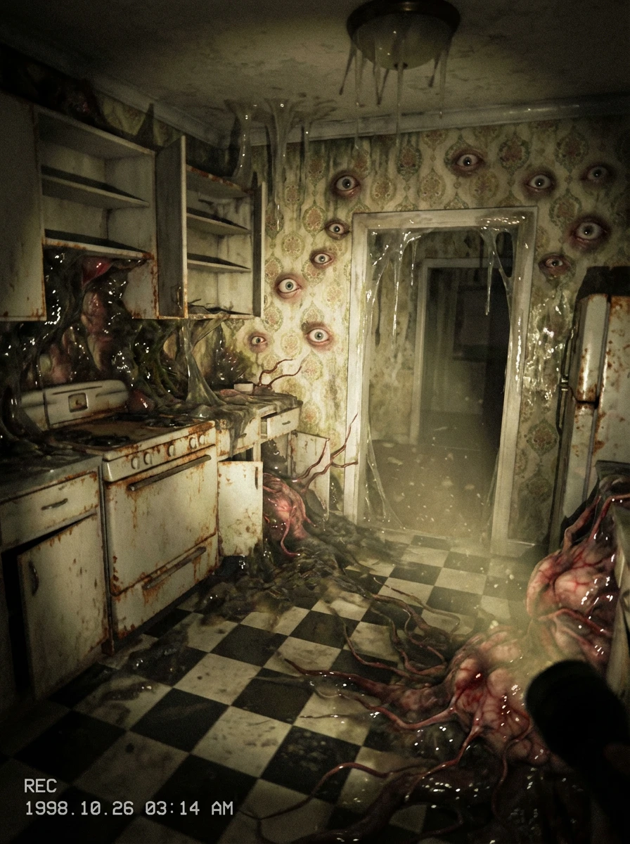 Found footage style photo, unsettling visceral horror. An abandoned, rotting 1950s kitchen where the walls, appliances, and floor are slowly merging into pulsating, wet organic matter, alien flesh, and black fungi. Too many human-like eyes are blinking embedded in the peeling wallpaper pattern. Slime drips from the ceiling. Low light flashlight beam cutting through dust. The geometry of the room is subtly distorted and impossible. Grotesque, hyper-realistic textures, 4k.