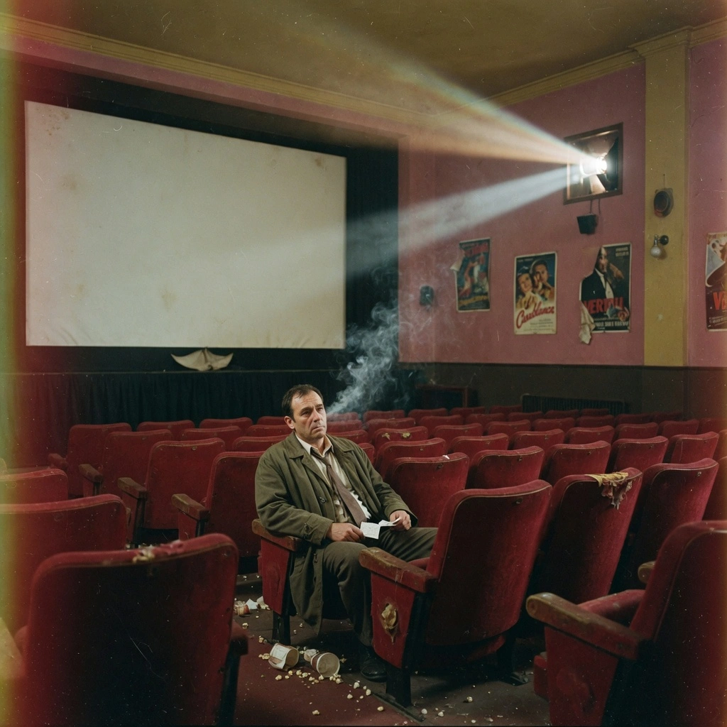 A nostalgic cinematic still of an adult man sitting alone in an old empty cinema, red velvet seats, dusty projector beam, blank movie screen, half-lit face, quiet regret, warm muted tones, realistic film photography, atmospheric composition, ultra-detailed